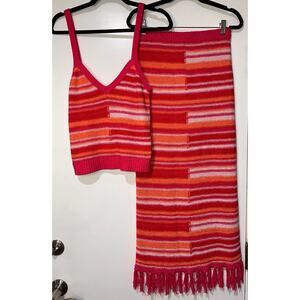 525 Raspberry Sorbet Multi Striped Tank & Midi Skirt Fringe Hem Size Small NWT